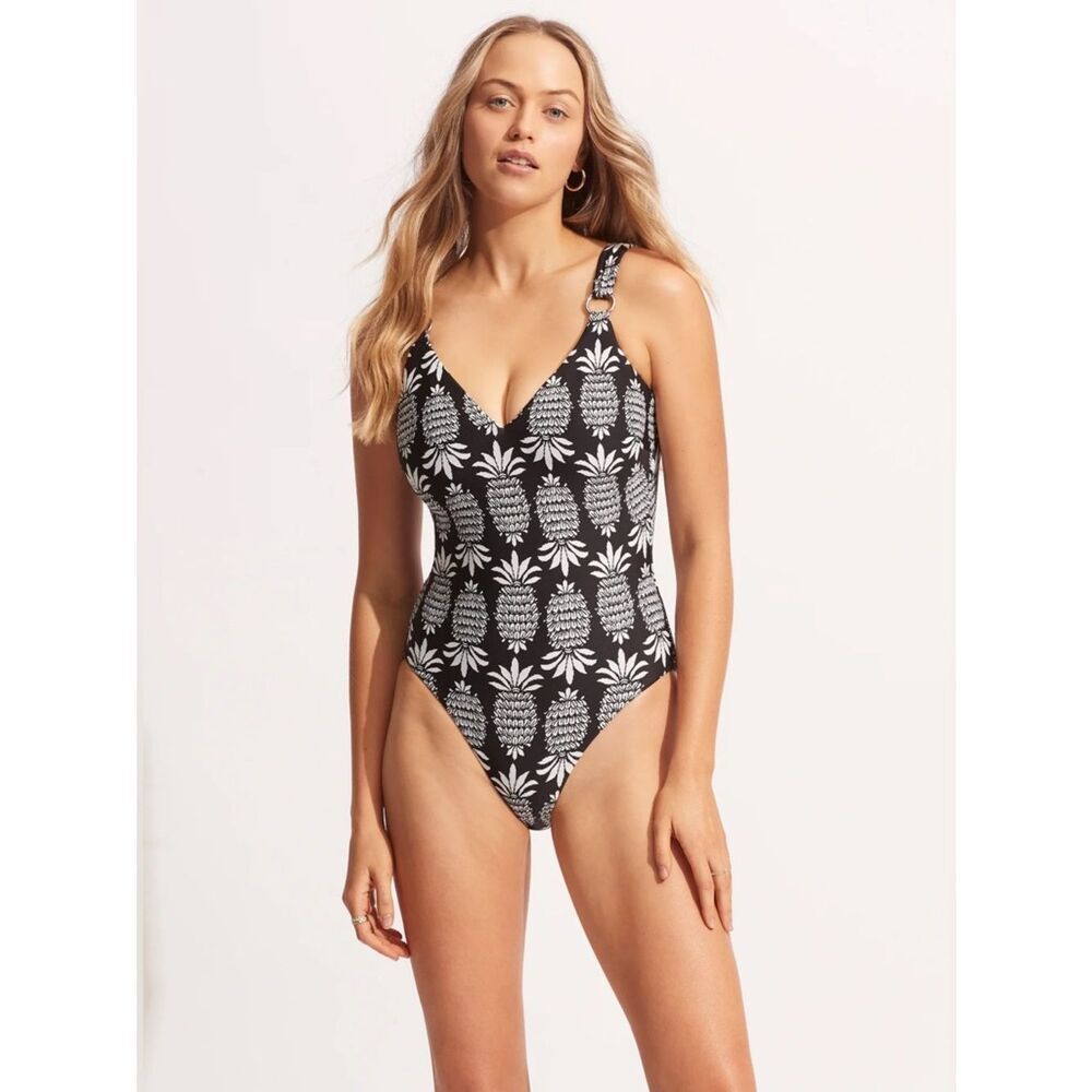 Seafolly Black and White Pineapple Print One Piece Swimsuit Size Small 6